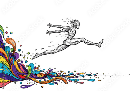 Dynamic Human Figure Leaping with Vibrant Color Splash.