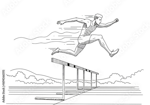 Male athlete jumping over hurdles in a track and field event.