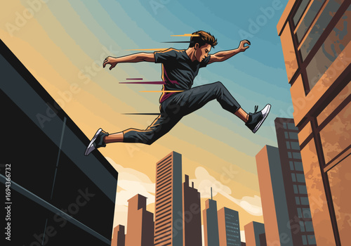 Dynamic man jumping between city buildings in an urban parkour scene.