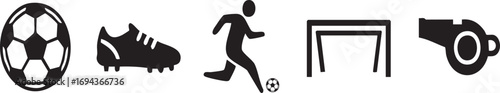 Vector Soccer and Football Icon Set: Ball, Cleats, Player, Goal, and Referee Whistle Symbols