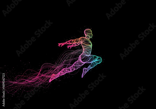 Dynamic abstract human figure in motion with colorful glowing lines and energy trails.