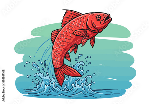 Vibrant Red Fish Jumping Out of Water Illustration.