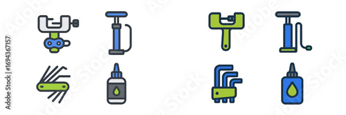 Bicycle repair and maintenance tools icon set with pump, hex key, lubricant, and derailleur on a white background