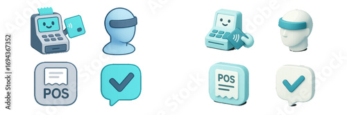 Collection of modern icons representing contactless payment, POS terminal, user avatar with VR headset, and transaction confirmation