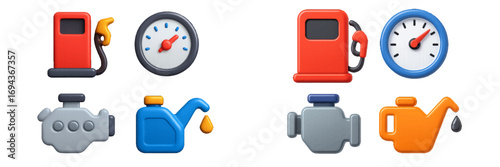 Car service icon set with fuel pump, engine, oil can, and pressure gauge for automotive maintenance and refueling concepts