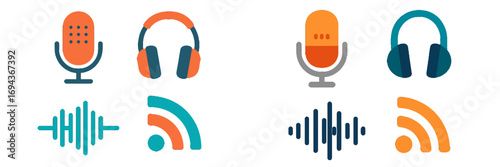 Modern icon set for podcasting and audio streaming with microphone, headphones, sound wave, and broadcast symbols