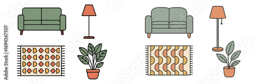 Set of home interior furniture icons with sofa, floor lamp, patterned rug, and potted plant in a minimalist line art style