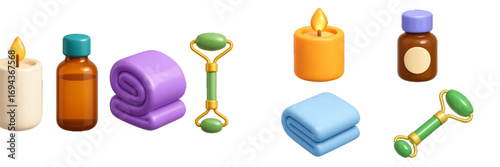 Collection of realistic spa accessories for relaxation and skincare including face roller, aromatherapy oil, lit candle, and soft towel