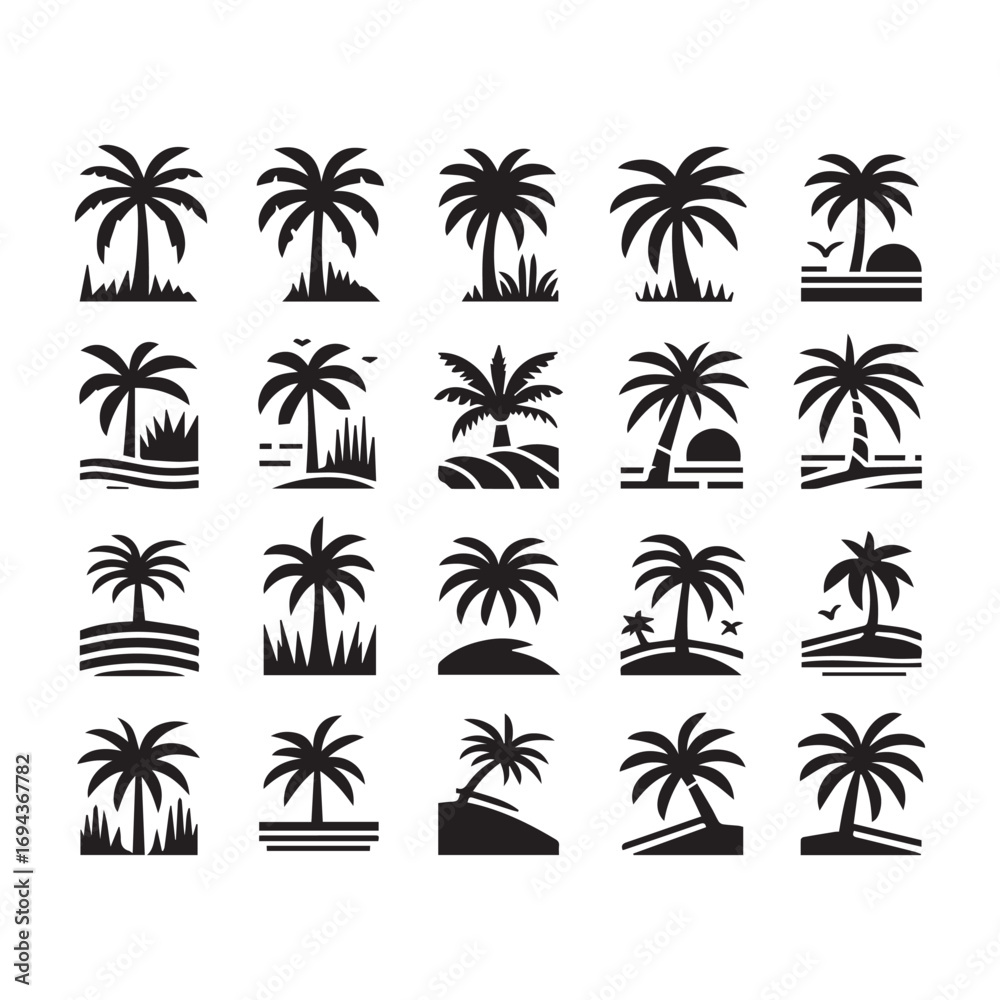 Fototapeta premium Palm Tree Icon Set — Tropical Silhouette Vector and Logo