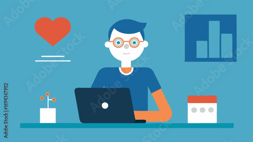 Busy Professional An office worker at a desk one hand resting on a laptop and the other wearing a smart ring that tracks stress and heart rate with a subtle data display.