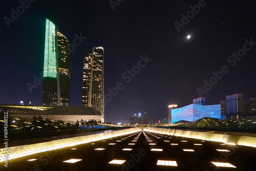 Night view of landmark architecture in Nanjing Eye Tourist Area, China