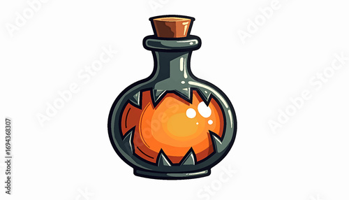 Cartoonish Dark Potion Bottle with Tooth-like Protrusions in Orange Liquid