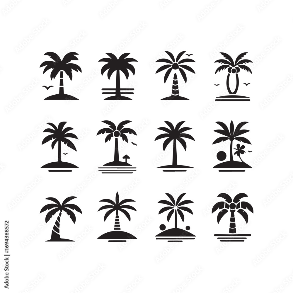 Fototapeta premium Palm Tree Icon Set — Tropical Silhouette Vector and Logo