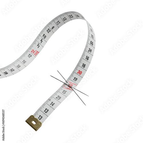 transparent sewing tape, curved, black numbers, red '30', silver tailor's pin on '15', transparent studio, 45-degree, concept of precision and craftsmanship