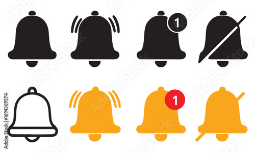 Notification bell set yellow and black color. Alarm ring, Alert icon,  message signs. phone sound symbols. Doorbell icons