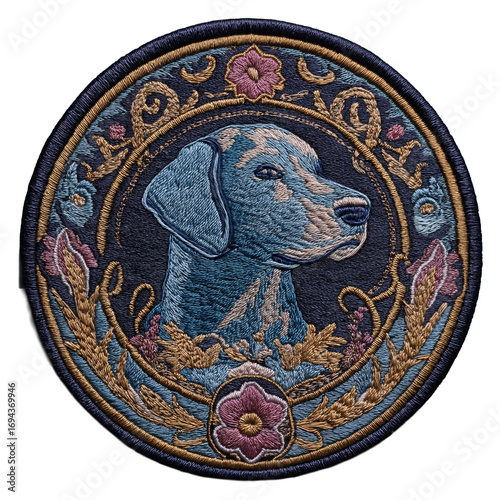 Vintage Dog Patch with Embroidered Floral Design and Canine Art Motif