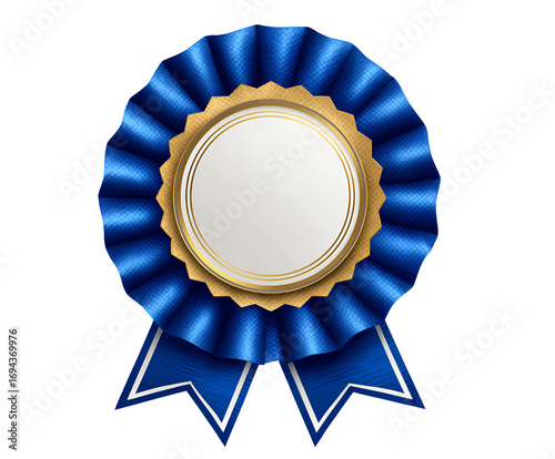 Blue ribbon award with gold badge on a transparent background, png file.