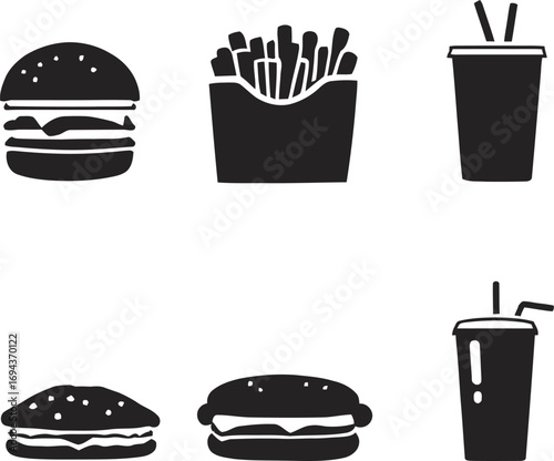 Black and white fast food icons: burger, fries, and drink vector illustration graphic design 100