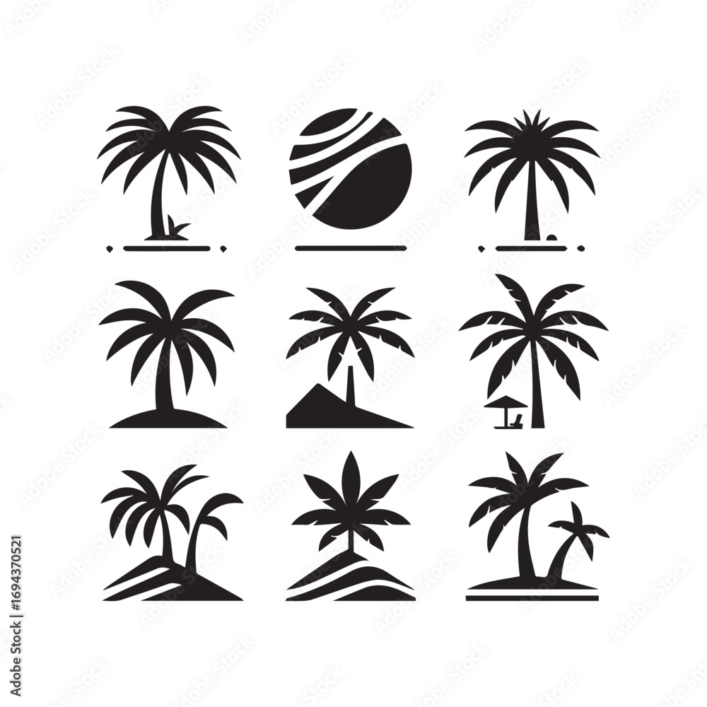 Fototapeta premium Palm Tree Icon Set – Tropical Vector Illustrations Collection
