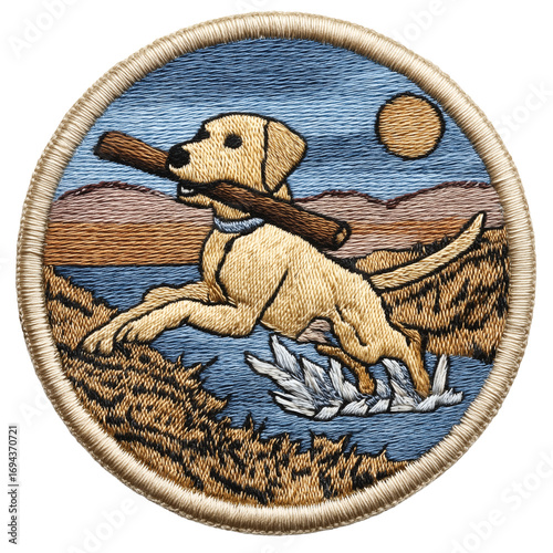 Dog Running Embroidery Patch: Vintage Style Canine in Nature Landscape