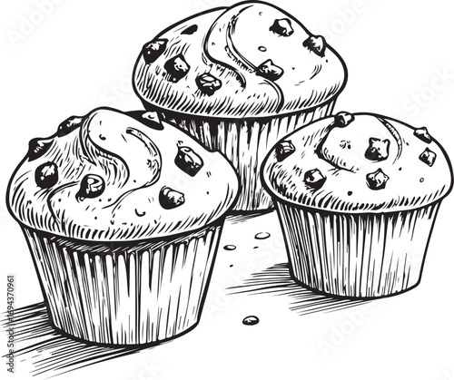 Muffins and Baking Vector Illustration, Simple Doodle Sketch Drawing Line Linear Symbol Icon Coloring Book, Hand-drawn Black and White Isolated