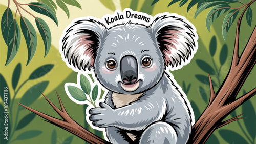 Cute koala bear sitting on a tree branch holding a leaf, surrounded by green leaves and the words koala dreams above