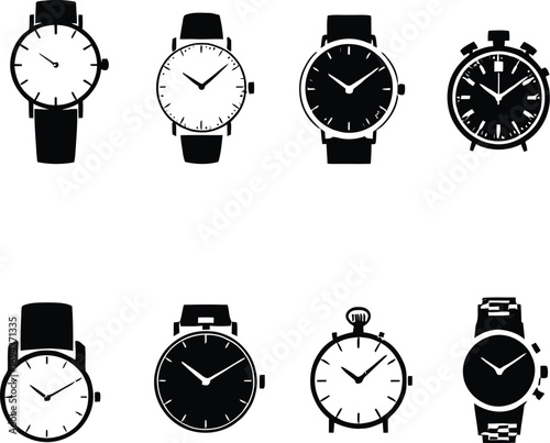 Collection of black and white watch illustrations for timekeeping and fashion accessories design elements