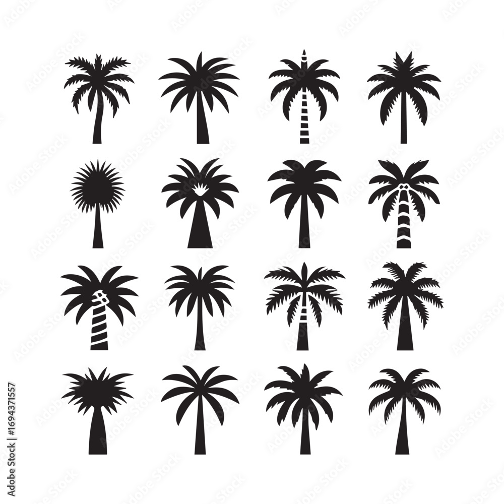 Naklejka premium Palm Tree Icon Set – Tropical Vector Illustrations Collection