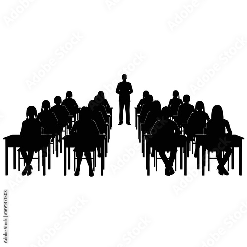 Teacher instructing students in a classroom silhouette isolated on white background