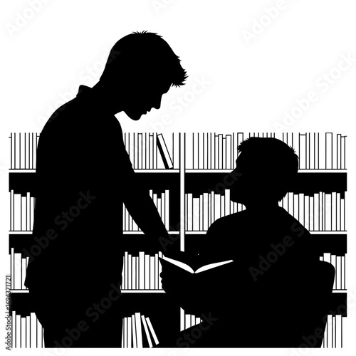 Two people reading books in a library silhouette isolated on white background