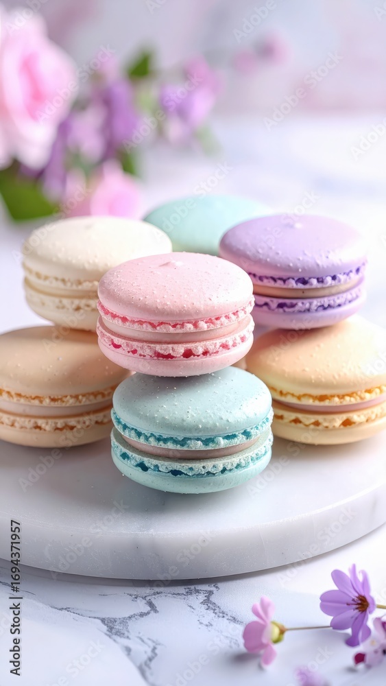 Obraz premium Macaron Francesi Artigianali – Dolci Eleganti su Sfondo Minimal e Marmo