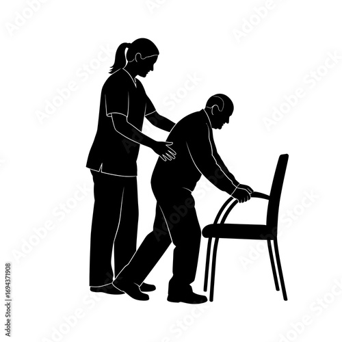 Nurse assisting elderly man to stand from chair silhouette isolated on white background