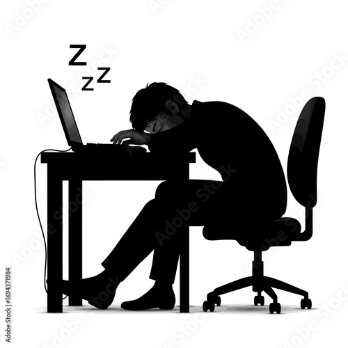 Man sleeping at desk with laptop silhouette isolated on white background