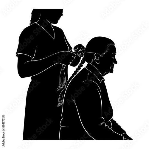 Younger woman braiding older woman s hair silhouette isolated on white background