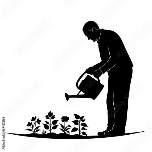 Gardener watering flowers silhouette isolated on white background