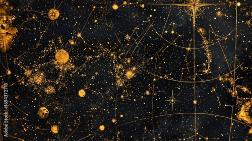 Vintage Celestial Map with Golden Constellations and Stars.