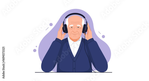 Happy Senior Citizen Listening to Music with Headphones Vector Illustration
