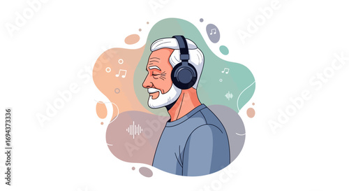 Happy Senior Citizen Listening to Music with Headphones Vector Illustration