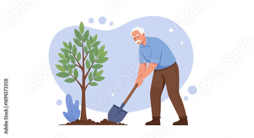 Senior Man Planting a Tree Environmental Conservation Gardening and Growth Concept