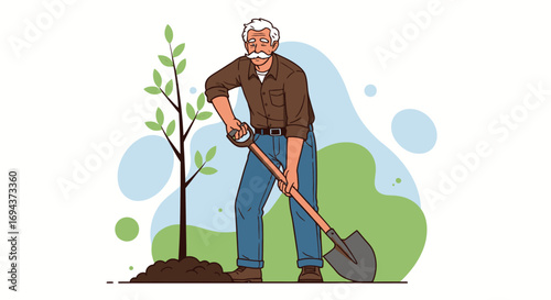 Senior Man Planting a Tree Gardening Environmental Conservation and Growth Concept Illustration