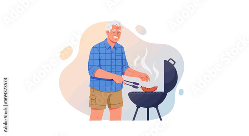 Happy Senior Man Grilling Food Outdoors Summer BBQ Illustration