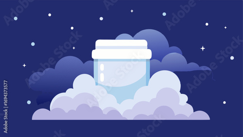 Dreamy Clouds A jar of cream floating on fluffy clouds with a dreamy background conveying the nighttime theme of beauty sleep.