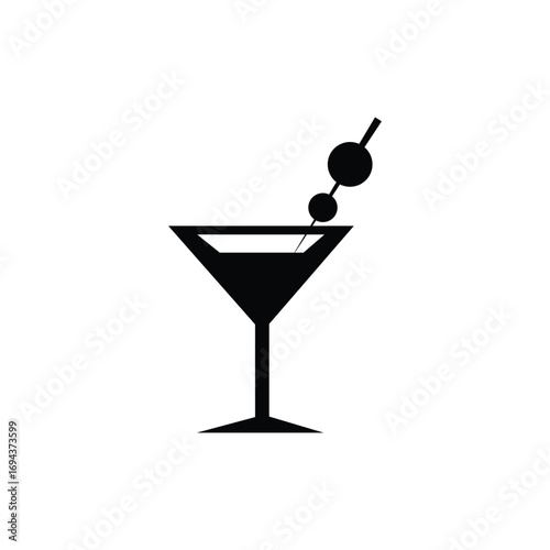 Black cocktail glass icon with olive garnish on a white background. Minimal vector design ideal for bar, party, celebration, alcohol, nightlife, and beverage related illustrations.