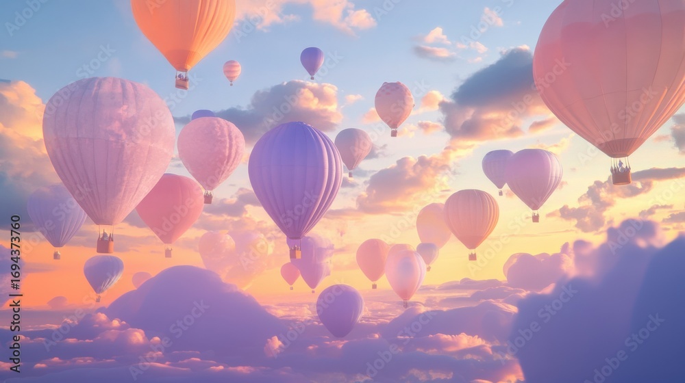 Obraz premium Dreamy sunset sky, lots of pastel-colored hot air balloons, soft pink peach lavender blue yellow, varying sizes, Valentines Day postcard, banner wallpaper copy space, romantic fantasy scene, poster.