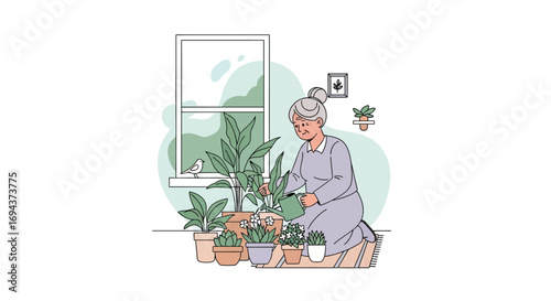 Senior Woman Tending to Indoor Plants Peaceful Home Gardening Illustration