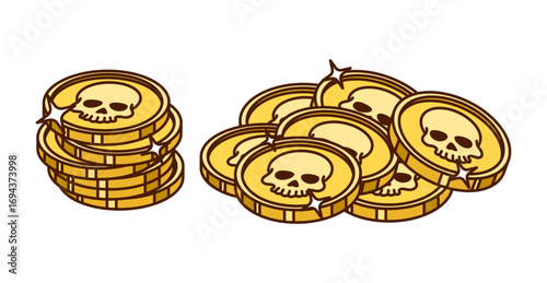 Cartoon groovy corsair and pirate gold coins of treasure, vector symbol. Golden money coins with Jolly Roger skeleton skull sign, corsair and pirate filibuster treasure from Caribbean island