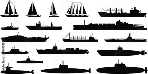 Ship silhouettes, submarine shapes, cargo vessels, naval ships, sailboats, maritime icons, watercraft vector, ocean transport, black silhouettes, marine design