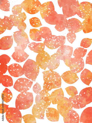 秋の紅葉のイメージの背景素材。水彩風テクスチャー。紅葉の葉っぱのシルエット。鮮やかな色調。ふんわりした光の輝き。コピースペース。フレーム。たて長構図