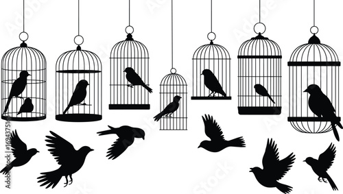 Birdcage silhouettes, flying birds, freedom concept, caged birds, escape theme, black vector, emotional design, symbolic art, captivity, liberation imagery