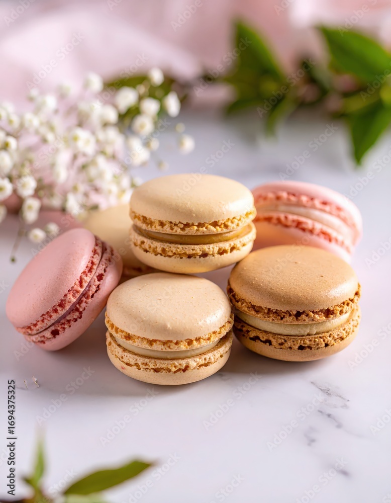 Obraz premium Macaron Francesi Artigianali – Dolci Eleganti su Sfondo Minimal e Marmo